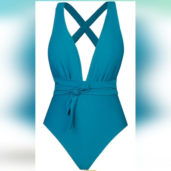 Criss Cross Wrap Plunge Neck One Piece - Picture 3 of 4